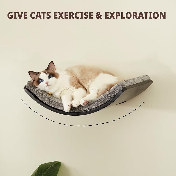 LIORCE Cat Shelf with Comfortable Cushion - Curved Modern Cat Bed (Large Size) - Lotus Leaf Design Cats Wall Perch - Wall Mounted Cats Furniture for Sleeping, Playing, Climbing, and Lounging, Walnut