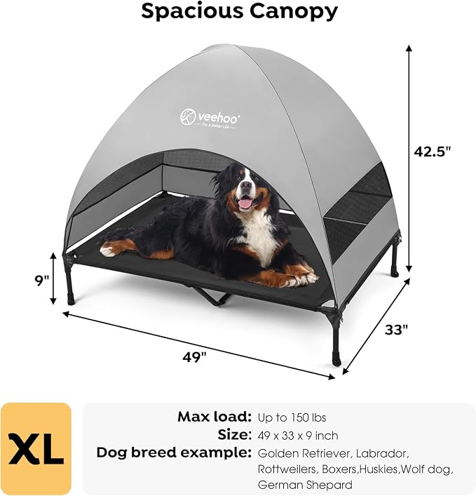 Veehoo Outdoor Dog Bed with Canopy, Cooling Elevated Dog Shade for Outside | Portable Raised Dog Cot with Removable Shade, Sun Protection Dog Tent Outdoor for Camping, Beach, 49" x 42.5", Black