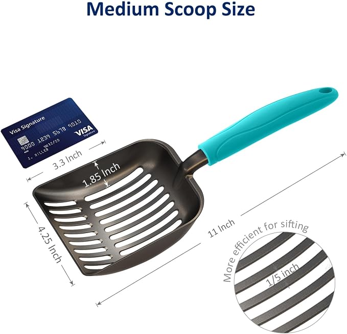 Cat Litter Scoop, Non-Stick Plated Aluminum Alloy Sifter, Kitty Durable Metal Scooper, Deep Shovel, Long Handle, Kitten Pooper Lifter, Size Medium, Coated Black Body with Turkish Blue Handle