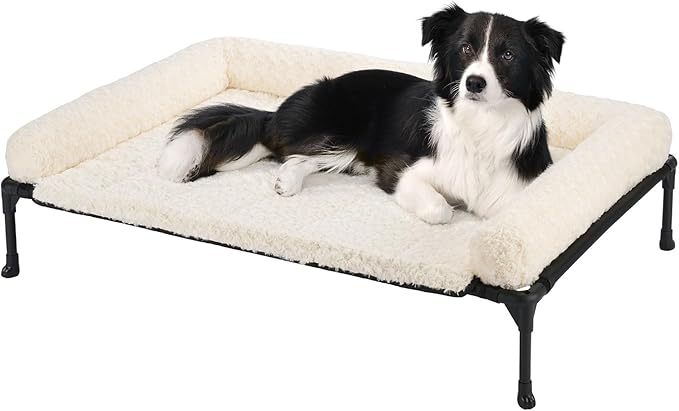 Veehoo Orthopedic Elevated Dog Bed Add Removable Deluxe Rose Plush Bolster Cushion Mat, 41" x 27" Washable Dog Couch Bed, Raised Pet Cot with Breathable Teslin Mesh, No-Slip Feet, White, CWC2439B
