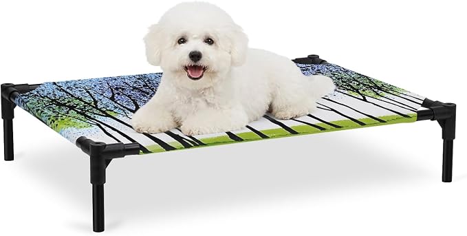 Outdoor Elevated Dog Bed for Medium Dogs, Blue Green Forest Breathable Cooling Raised Dog Cot for Indoor/Outdoor, Modern Nature Tree Branch Landscape Waterproof Elevated Pet Beds, M 24 x 20 in