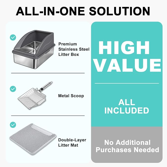 AIPERRO Stainless Steel Litter Box | XL Enclosed Cat Litter Boxs with Lid for Big Cats | High Sided, Anti-Urine Leakage | Non-Stick Bottom & Includes Litter Mat & Metal Scoop (Dark Gray)