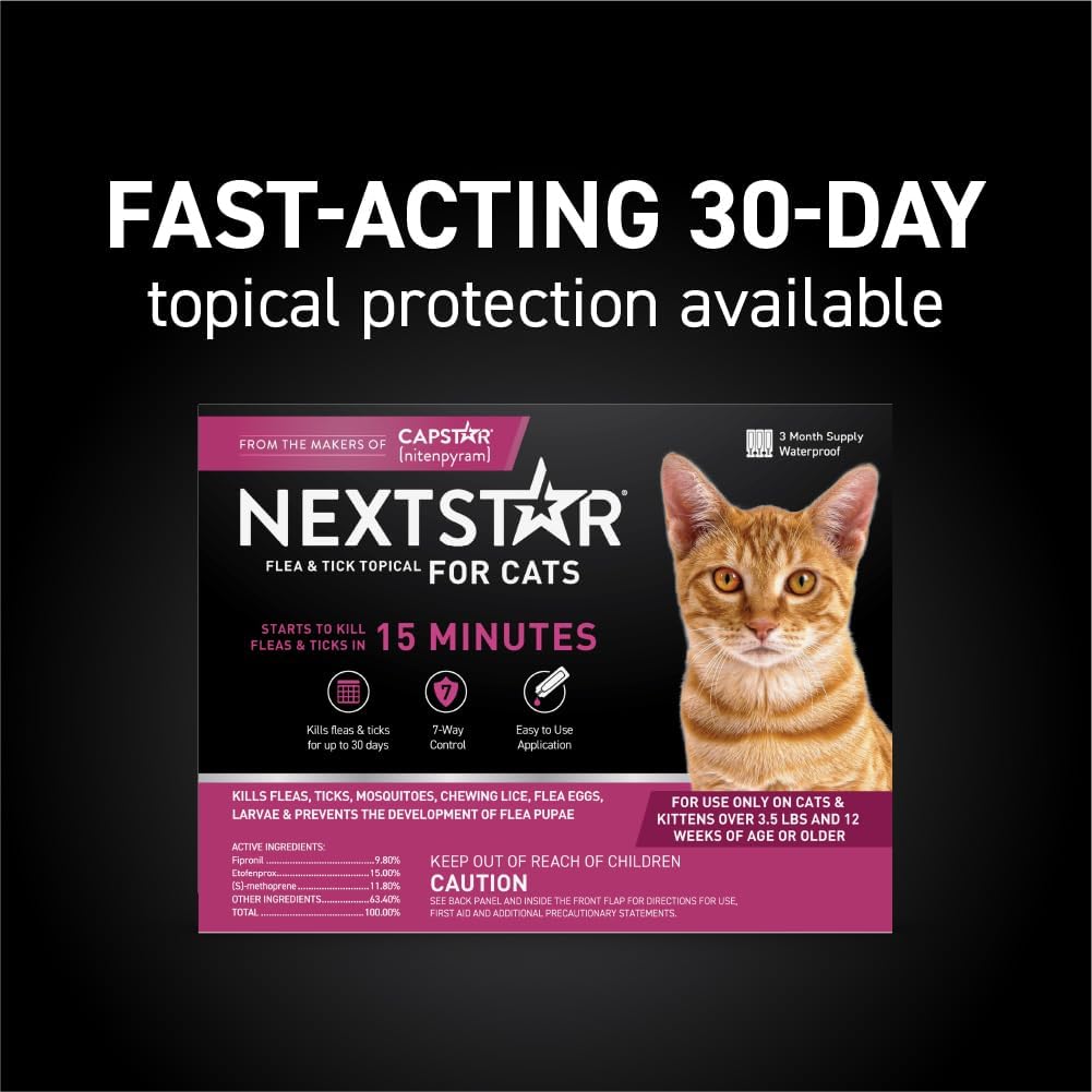 NEXTSTAR Flea and Tick Prevention for Cats, Repellent, and Control, Fast Acting Waterproof Topical Drops for Cats Over 3.5 lbs, 3 Month Dose