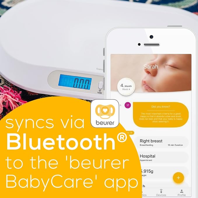 Beurer BY90 Digital Baby & Pet Scale with Bluetooth for Infants, Cats & Dogs, Weighing in Lbs/Oz/Kg up to 44 lbs, Hold & Tare Function for Accuracy & Curved Platform