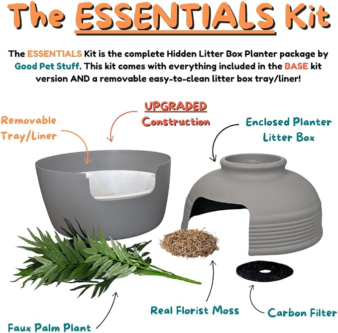 Good Pet Stuff Original Hidden Litter Box Planter, Decorative Cat Litter Enclosure with Carbon Filter, Artificial Palm Plant, Upgraded Design, Easy Clean Litter Tray, Essentials Kit, Stone Gray