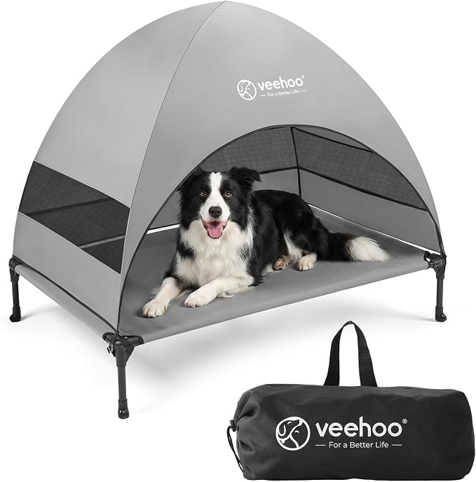 Veehoo Outdoor Dog Bed with Canopy, Cooling Elevated Dog Shade for Outside | Portable Raised Dog Cot with Removable Shade, Sun Protection Dog Tent Outdoor for Camping, Beach, 42" x 34.5", Grey