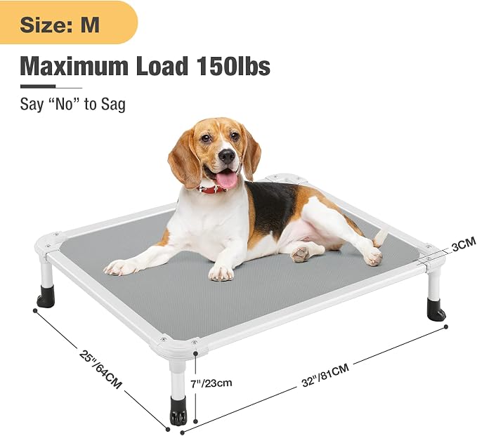 Veehoo Chew Proof Elevated Dog Bed, Cooling Raised Pet Cot, Silver Aluminum | Indestructible Dog Bed with Durable Textilene Mesh Fabric, No-Slip Feet for Indoor or Outdoor Use, 32", Medium, Grey