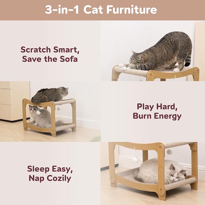 AIXINPET Two-Level Sisal Cat Scratcher Bed - Sturdy Cat Scratching Post with Scratch Pad&Hammock Bed, Comfortable Cats Bed for Indoor Kittens&Adult Cats -Sturdy Wooden Frame,Protect Furniture