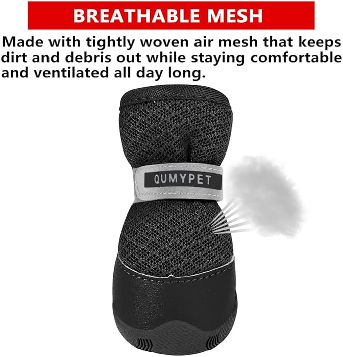 QUMY 4PCS Dog Shoes for Small Dogs, Hot Pavement Summer Puppy Dog Boots & Paw Protectors with Soft Anti-Slip Rubber Sole, Mesh Breathable Dog Booties for Hardfloors, Walking Running Black Size 1