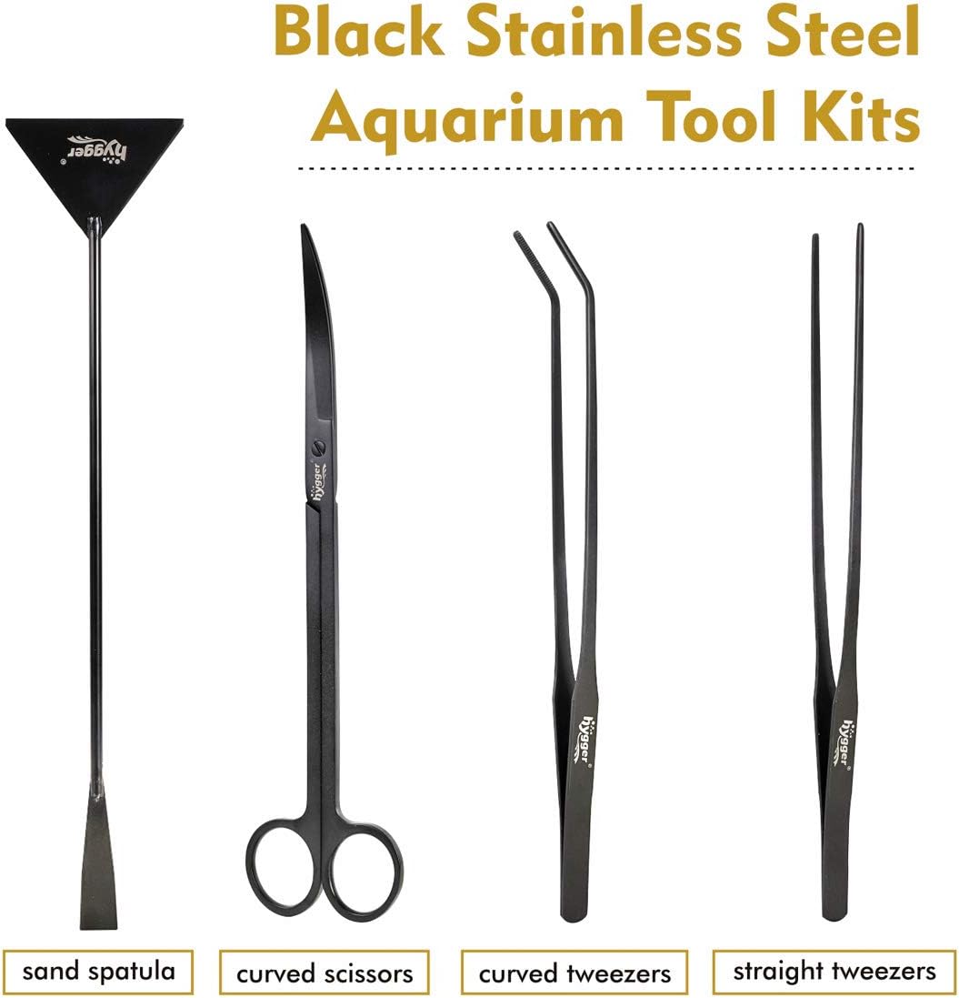 hygger Long Stainless Steel Premium Aquarium Tools, 4 PCS Aquatic Plant Tweezers Scissors Spatula Kits Comes with 1 Cleaning Cloth, for Fish Tank Starters