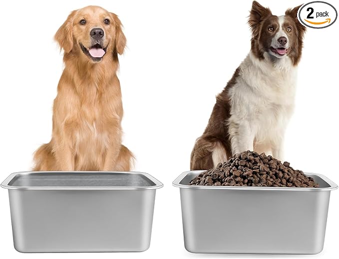4 Gallon Large Dog Water Bowl, 2 Pack Stainless Steel Dog Bowls | 15.7 x 11.8 x 6 in Bowl Set, Food or Water Use, Indoor Outdoor Use, Wide Opening for Filling, Rounded Corners, Easy Rinse