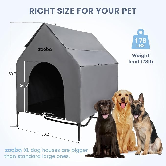 Zooba 48" XL Outdoor Dog House – Weatherproof Elevated Pet Shelter | Breathable Mesh & Steel Frame, Easy to Assemble & Clean, Large Dog Houses for All Seasons (Grey)