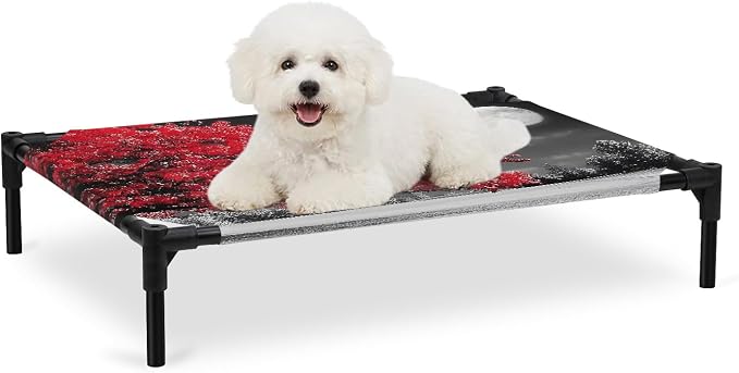 Outdoor Elevated Dog Bed for Medium Dogs, Vibrant Red Tree Breathable Cooling Raised Dog Cot for Indoor/Outdoor, Glowing Moon Black Sky Waterproof Elevated Pet Beds, M 24 x 20 in
