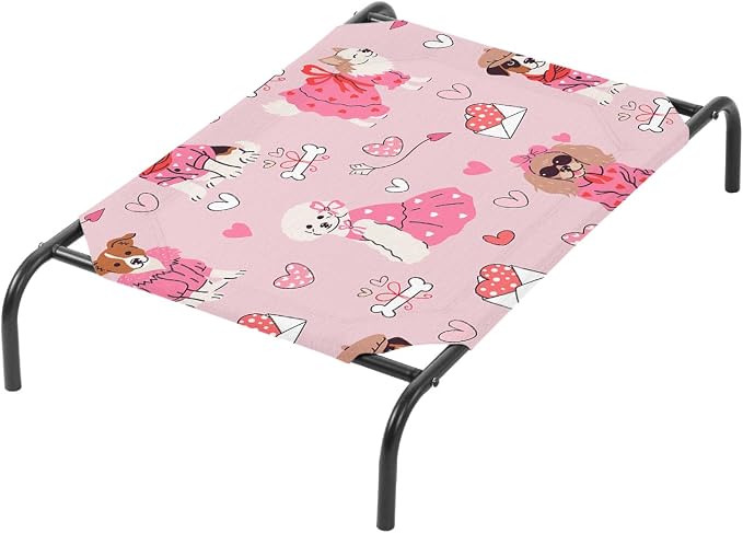 QOOMO Elevated Dog Bed with Cooling Fabric, Pet Cot for Small and Big Dogs, Indoor and Outdoor Use, Joint Relief, Cute Printed Cushion Included (Princess Dog, 35.43" L*25.59" W*8.27" Th)