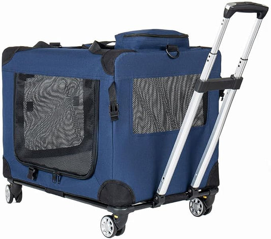 Rolling Pet Carrier with Wheels, Expandable Airline Approved Dog & Cat Carrier up to 50 lbs, Collapsible Travel Crate with Telescopic Handle, Breathable Soft-Sided Pet Carrier for Travel, Car & Home