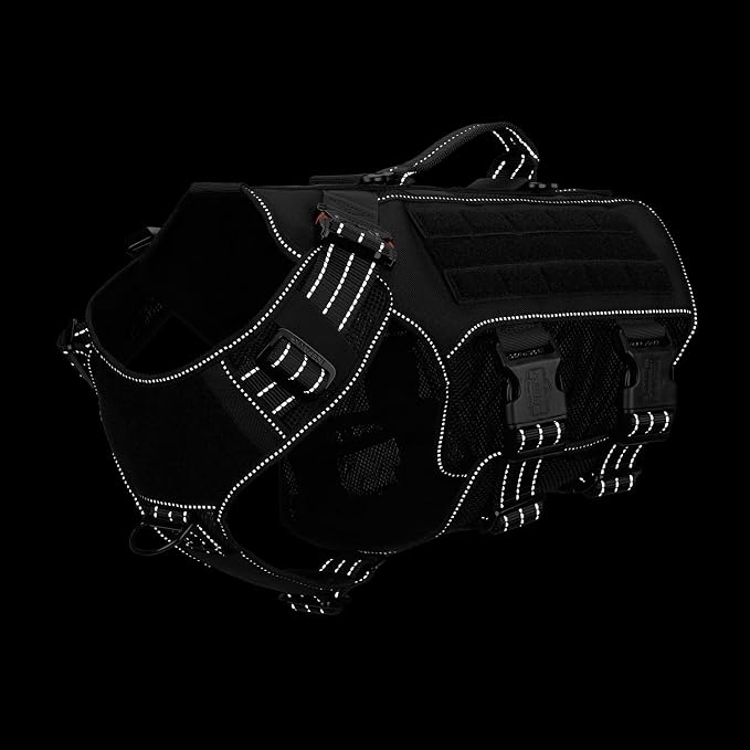 ICEFANG Tactical Mesh Dog Harness for Large Dogs,Reflective Dog Molle Vest | Summer-Cooling, Control Handle,Adjustable,Front Hook,3 Leash Clips,Soft Padded,No Pull,Black,Large