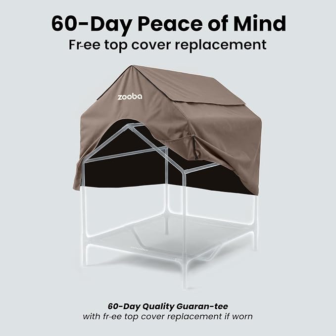 Zooba 48in XL Dog House Outdoor, Elevated Dog Bed with Canopy, Brown | Weather-resistant 600D PVC canopy, breathable 2x1 Textilene elevated bed, steel frame; indoor or outdoor; easy to clean