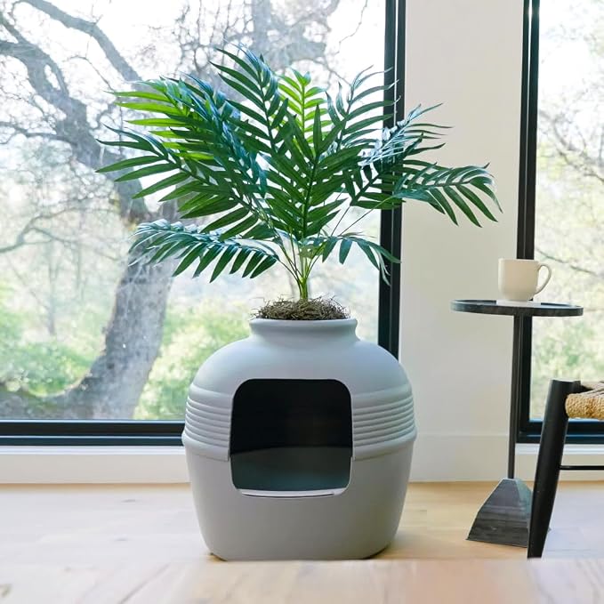 Good Pet Stuff Original Hidden Litter Box Planter, Decorative Cat Litter Enclosure with Carbon Filter, Artificial Palm Plant, Upgraded Design, Easy Clean Litter Tray, Essentials Kit, Stone Gray