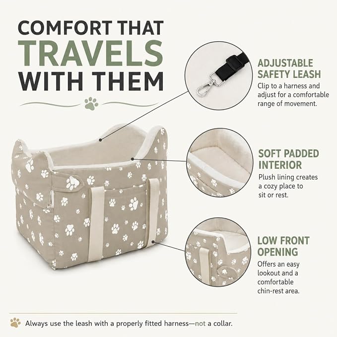 Dog Car Seat for Small Dogs (Under 15 lbs) – Center Console Pet Carrier with Safety Belt, Storage Pockets & Removable Washable Cover (Khaki Car Seat)