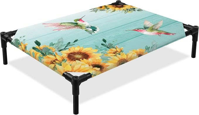 Outdoor Elevated Dog Bed for Medium Dogs, Sunflowers Breathable Cooling Raised Dog Cot for Indoor/Outdoor, Spring Botanical Flowers Birds Turquoise Wooden Waterproof Elevated Pet Beds, M 24 x 20 in