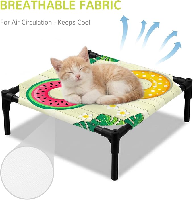 Outdoor Elevated Dog Bed for Small Dogs, Summer Swimming Rings Breathable Cooling Raised Dog Cot for Indoor/Outdoor, Floral Plumeria Yellow Wooden Waterproof Elevated Pet Beds, S 20 x 20 in