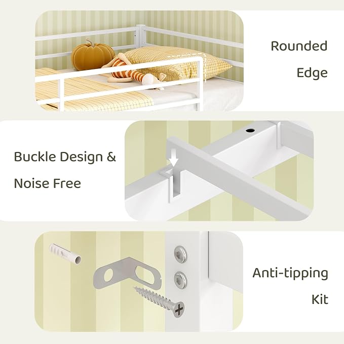 Bonnlo Low Loft Bed with 3 Drawers, 2-Tier Storage Shelf and Toy Storage Basket, Metal loft Bed Twin Size with LED Lights and Safety Guardrail for Kids (White)