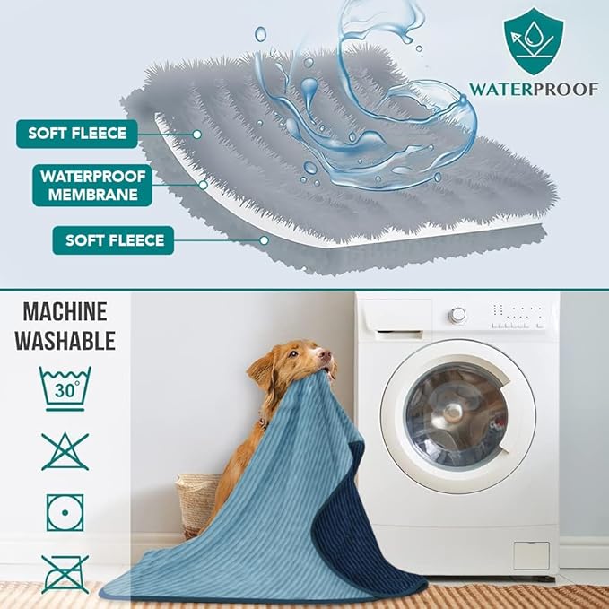 PetAmi Waterproof Dog Blanket, Leakproof Pet Blanket for Small Medium Large Dogs, Reversible Furniture Bed Sofa Couch Cover Protector, Plush Striped Pet Throw for Indoor Cat, 60x80 in, Navy Blue