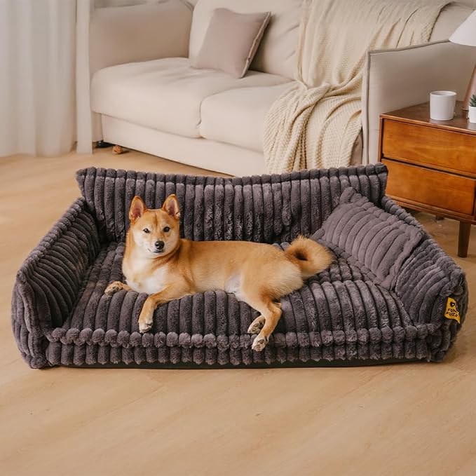 FUNNY FUZZY Dog Couch Bed, Fluffy Dog Bed Large Sized Dog Pillow, Grey | Orthopedic Supportive Meidum Large Pet Sofa, Removable Washable Cover, Non-Slip, Snoozy Dream, 39"×26.3"×15.7", Up to 55 Lbs