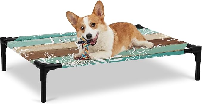 Outdoor Elevated Dog Bed for Large Dogs, Teal Green Brown Botanical Breathable Cooling Raised Dog Cot for Indoor/Outdoor, Farmhouse Wooden Leaves Waterproof Elevated Pet Beds, L 28 x 22 in