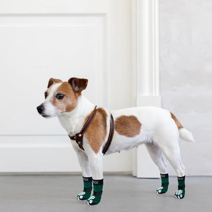 PUPTECK Anti-Slip Dog Socks with Double Sides Grips for Small Medium Large Dogs Hardwood Floors Prevents Licking, Dog Shoes for Hot Pavement Traction Control for Senior Dogs, Dark Green, M