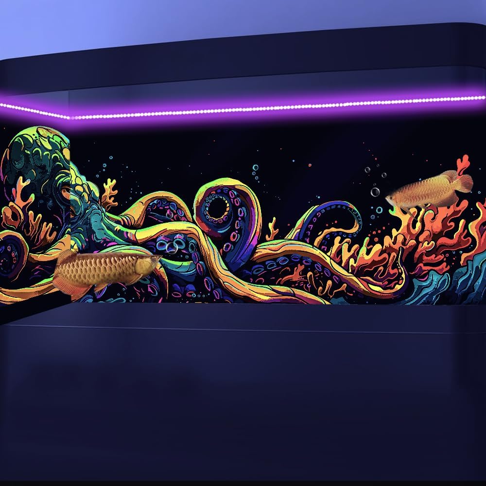 36X18IN Blacklight Octopus Sea Monster HD 3D Black Light Aquarium Background UV Reactive Background Terrarium Background with 10 EVA Double-Sided Tape