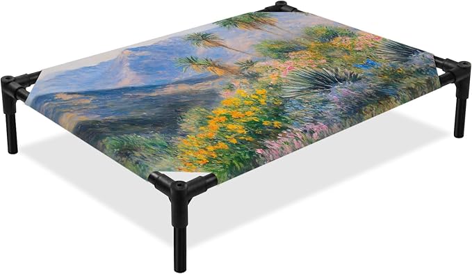 Outdoor Elevated Dog Bed for Large Dogs, Tropical Mountain Breathable Cooling Raised Dog Cot for Indoor/Outdoor, Farmhouse Nature Trees Flowers Blue Sky Waterproof Elevated Pet Beds, L 28 x 22 in