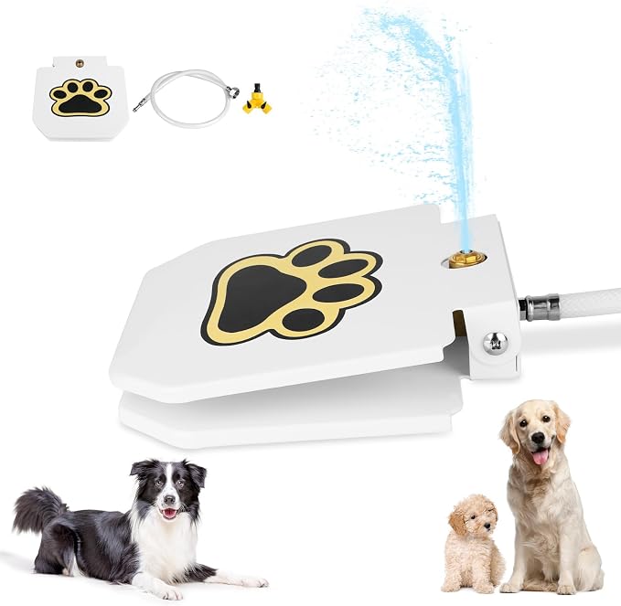 Dog Water Fountain Outdoor,Upgrade Large Dog Sprinkler Drinking Water Dispenser Step-On,Dog Paw Water Activated Bowl Alternative with Stainless Steel Braided Hose