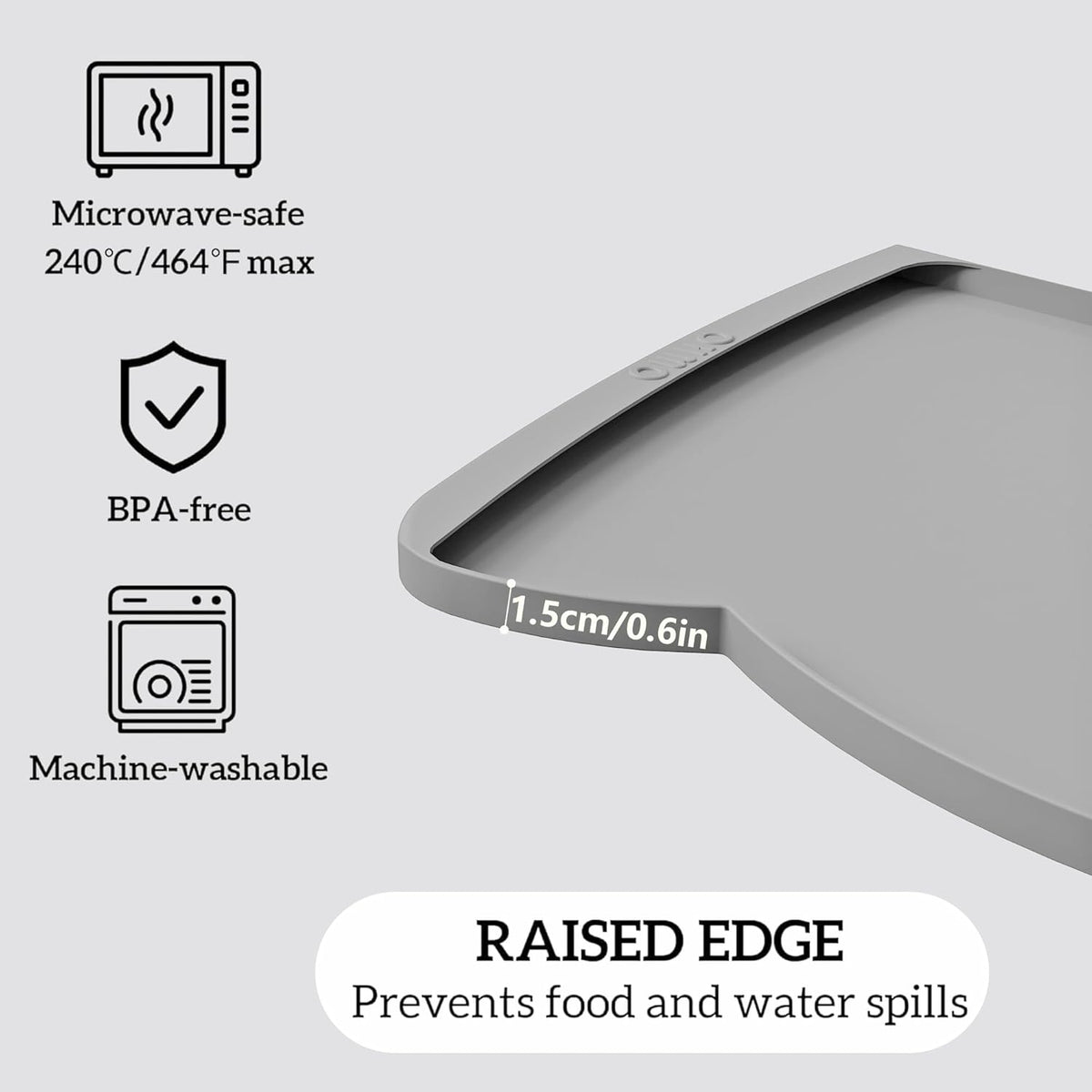 OHMO Dog Food Mat(Ash, 24 * 15'') w/Residue Collection Pocket Silicone Pet Feeding Mat for Floor High Edges Anti Spills Waterproof Cat Water Bowl Tray, Easy Clean Placemat