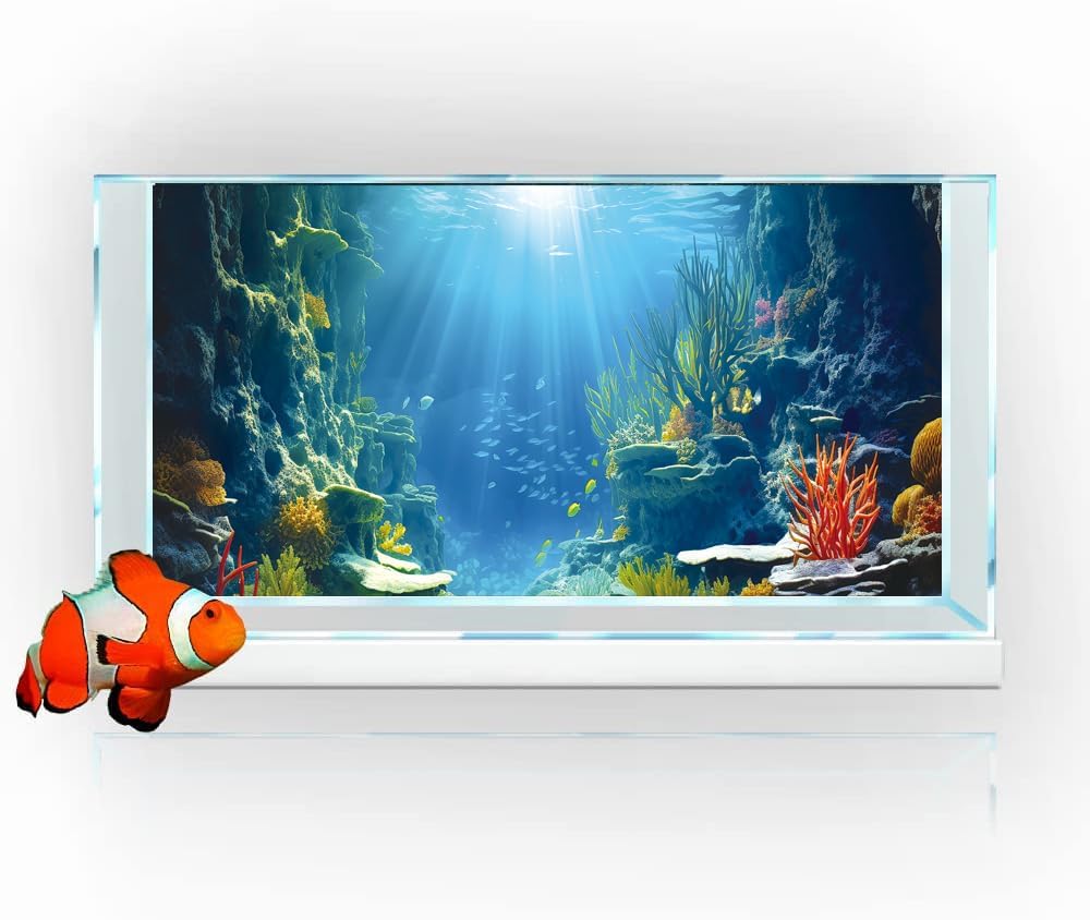 72X16IN Blue Sea Floor Aquarium Background, Natural Underwater World 3D Effect Fish Tank Decorations Background, Art Terrarium Background with 8 EVA Double-Sided Tape