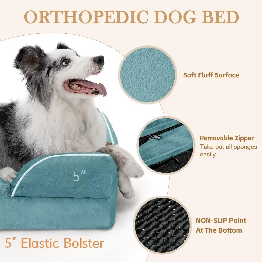 Comfort Expression Jumbo Breed Dog Bed, Orthopedic Beds for Extra Large Dogs, Waterproof Dog Bed, PV Washable Dogs Sofa Beds with Removable Cover & Non-Slip Bottom(Jumbo,Washed Blue)