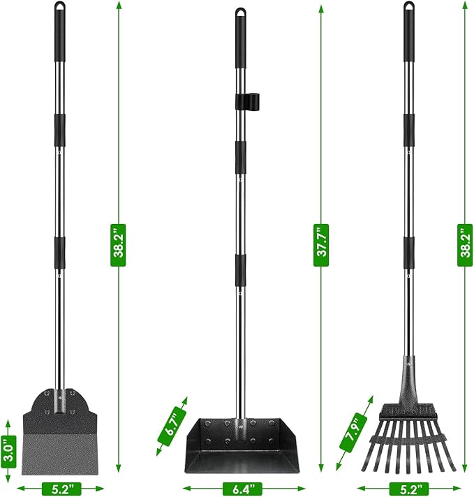 Pooper Scooper, Long Handle Dog Pooper Scooper, Heavy Duty Stainless Steel Rake, Tray & Spade Set for Pet Waste Removal, Use on Grass, Dirt or Gravel