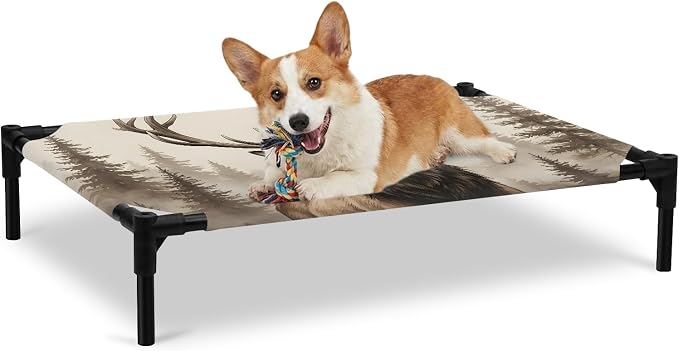 Outdoor Elevated Dog Bed for Large Dogs, Brown Elk Breathable Cooling Raised Dog Cot for Indoor/Outdoor, Farm Pine Forest Tree Wildlife Rustic Waterproof Elevated Pet Beds, L 28 x 22 in