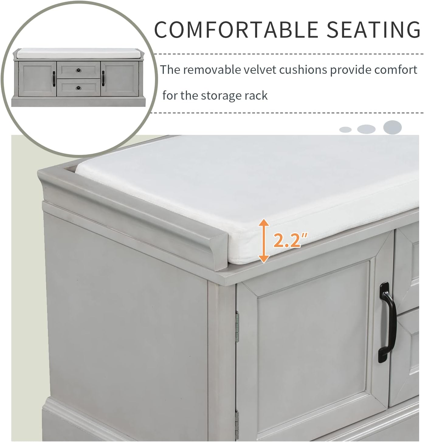 Shoe Storage Bench with 2 Drawers and 2 Cabinets, Pine Wood Shoe Bench with Removable Cushion for Living Room, Entryway 42.5" L x 15.9" W x 17.5" H (Gray Wash)