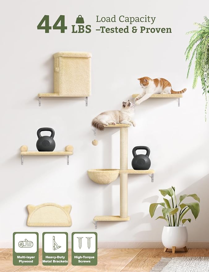 5-in-1 Cat Wall Shelves, Solid Wood Cat Wall Furniture Set for Indoor Cats | 44 lb per Shelf, 72-Hour Load Tested, Pre-Drilled, Fits 16 in. Stud Drywall & Solid Walls, for Small to Medium Cats