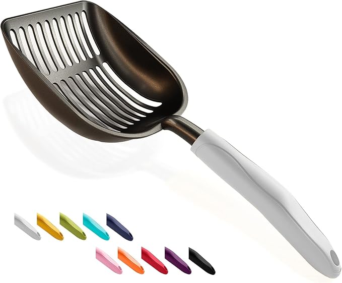 Cat Litter Scoop, Non-Stick Plated Aluminum Alloy Sifter, Kitty Durable Metal Scooper, Deep Shovel, Long Handle, Kitten Pooper Lifter, Size Large, Coated Black Body with Grey Handle