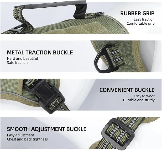 Tactical Dog Harness with Leash for Large Dogs, No Pull Adjustable Dog Harness, Reflective K9 Working Pet Vest for Walking, Training (Army Green, S)