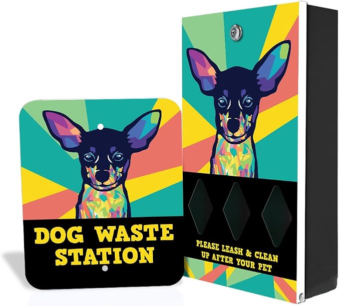 Zero Waste USA - DISPENSE-ART™ Dog Waste Station - Mini Pinscher | Commercial rust-proof aluminum station with UV artwork, 400 roll bags, 10-gallon can & 10-year warranty