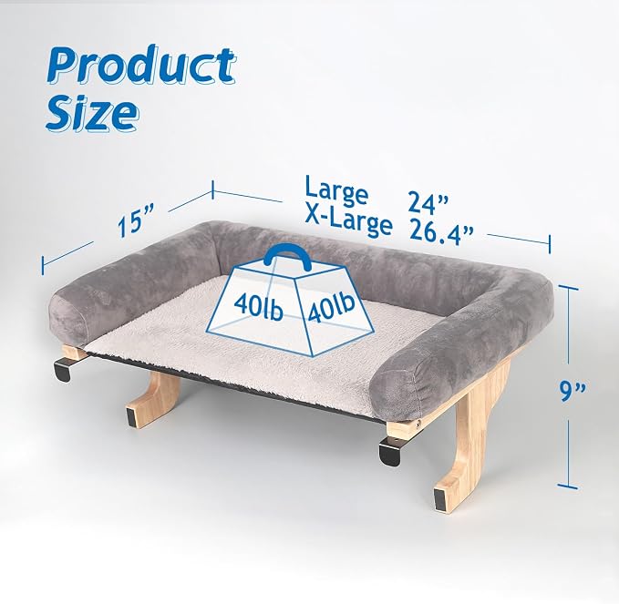 Zakkart Cat Perch for Window Sill with Bolster - Orthopedic Hammock Design with Premium Hardwood & Robust Metal Frame - Cat Window Seat for Large Cats - Natural Color Wood Gray Bed, 26.4''W