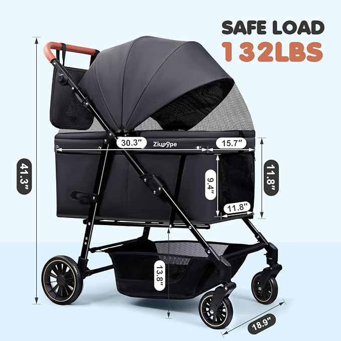 Dog Stroller for Large & Medium Dogs (20–132 lbs), Pet Stroller for 2 Small Dogs, Cat Strollers for 2 Cats, Extra Large Heavy Duty, Foldable & Fully Ventilated Design, Black