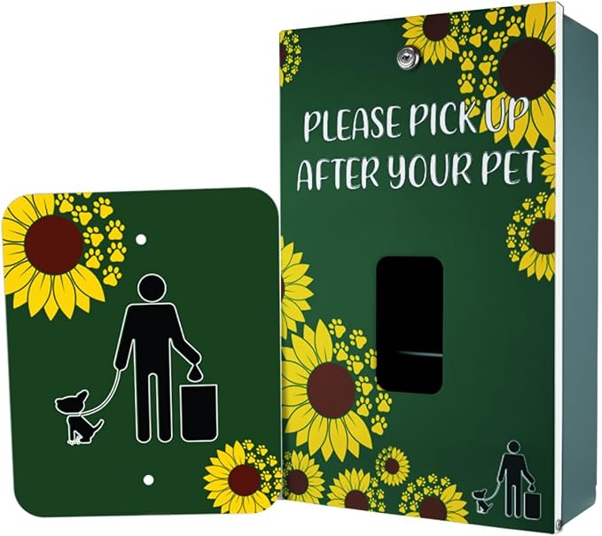 Zero Waste USA - Aluminum Dog Waste Station - Sunflower | Matte Green | DISPENSE-ART™ UV printed aluminum station with MittN™ mitten bags, 25% more dispenser storage, commercial outdoor design