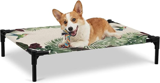Outdoor Elevated Dog Bed for Large Dogs, Summer Hummingbirds Breathable Cooling Raised Dog Cot for Indoor/Outdoor, Tropical Palm Leaves Farmhouse Rustic Waterproof Elevated Pet Beds, L 28 x 22 in