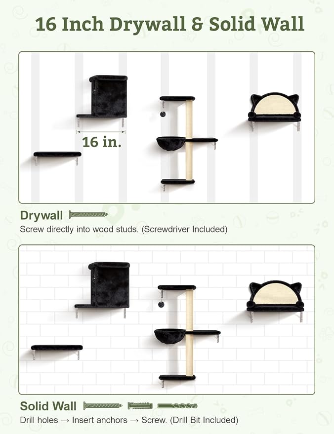 5-in-1 Cat Wall Shelves, Solid Wood & Velvet & Sisal Scratcher, 44lbs Max Load, Wall Mounted Cat Furniture for Climbers, Cat Climbing Wall System, Fits Drywall & Solid Walls - Black