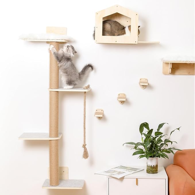 Cat Wall Shelves, Wood Wall Mounted Cat Furniture with 4 Tier Cat Tree,1 Cat Wall House,2 Cat Perches and 3 Wall Steps,Climbing Cat Shelves for Wall Large Cats Set