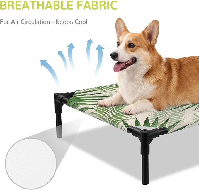 Outdoor Elevated Dog Bed for Large Dogs, Summer Leaves Breathable Cooling Raised Dog Cot for Indoor/Outdoor, Rustic Tropical Palm Leaf Plants Branches Waterproof Elevated Pet Beds, L 28 x 22 in